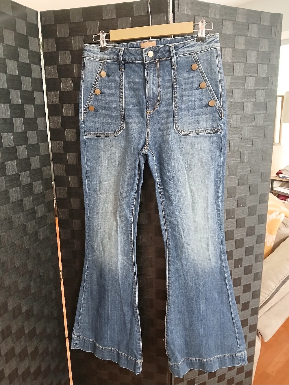 Driftwood Farrah High-Rise Blue Flared Women’s Jeans with Button-Trim Pockets